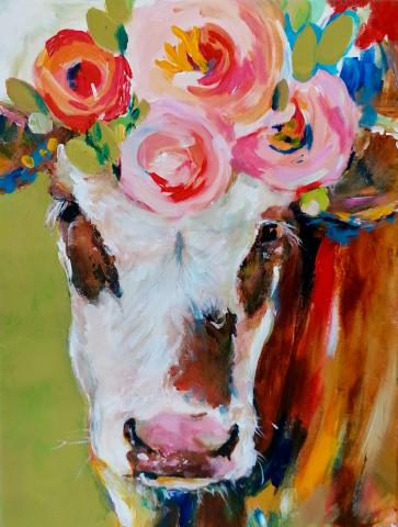 Colourful painting of Cow with flowers on head by Melissa Ryan